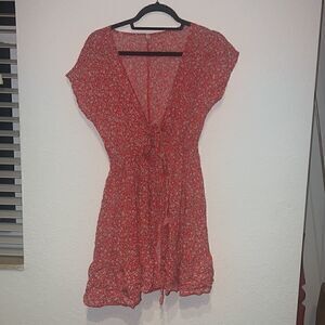 Super Cute Red Flower Skater Dress - Low Cut Front - Tie - Large - Short Dress